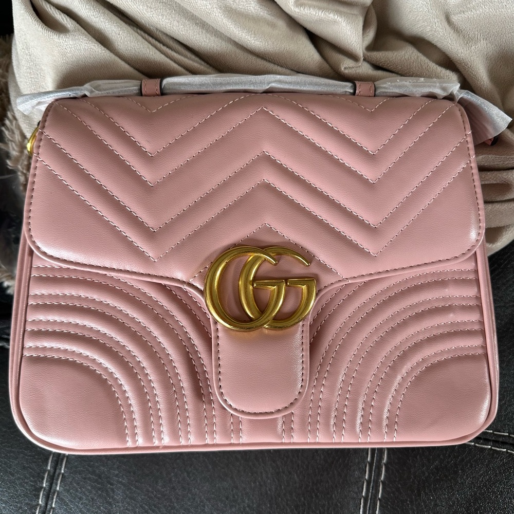 Inspired Pink and Gold Crossbody Bag with Quilted Leather